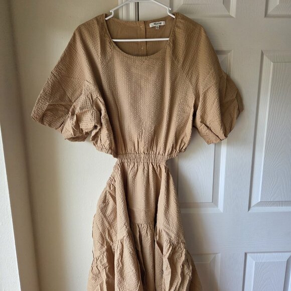 Madewell Dress 2XL Mini Seersucker Puff-Sleeve Cutout Tan Brown Plus Size - Picture 5 of 9